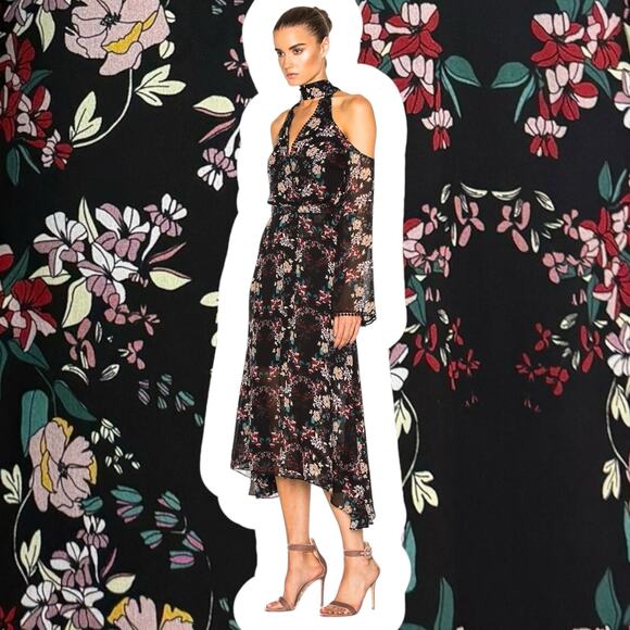 New w/Tags NICHOLAS pure silk floral flowing Goddess cold shoulder dress - Picture 9 of 16